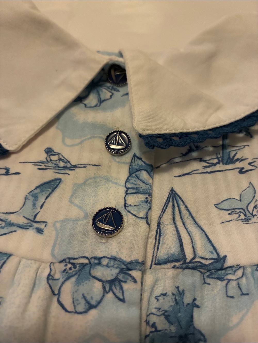 Tommy Bahama Blue & White Sailboat Print Infant One-Piece with Navy Bow - Picture 6 of 6